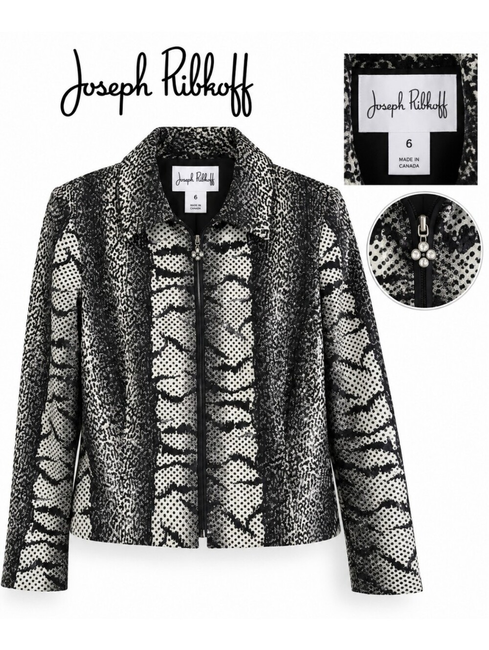 EUC Joseph Ribkoff Mixed Animal Print Sequin Zip-Up Jacket Blazer, Size 6